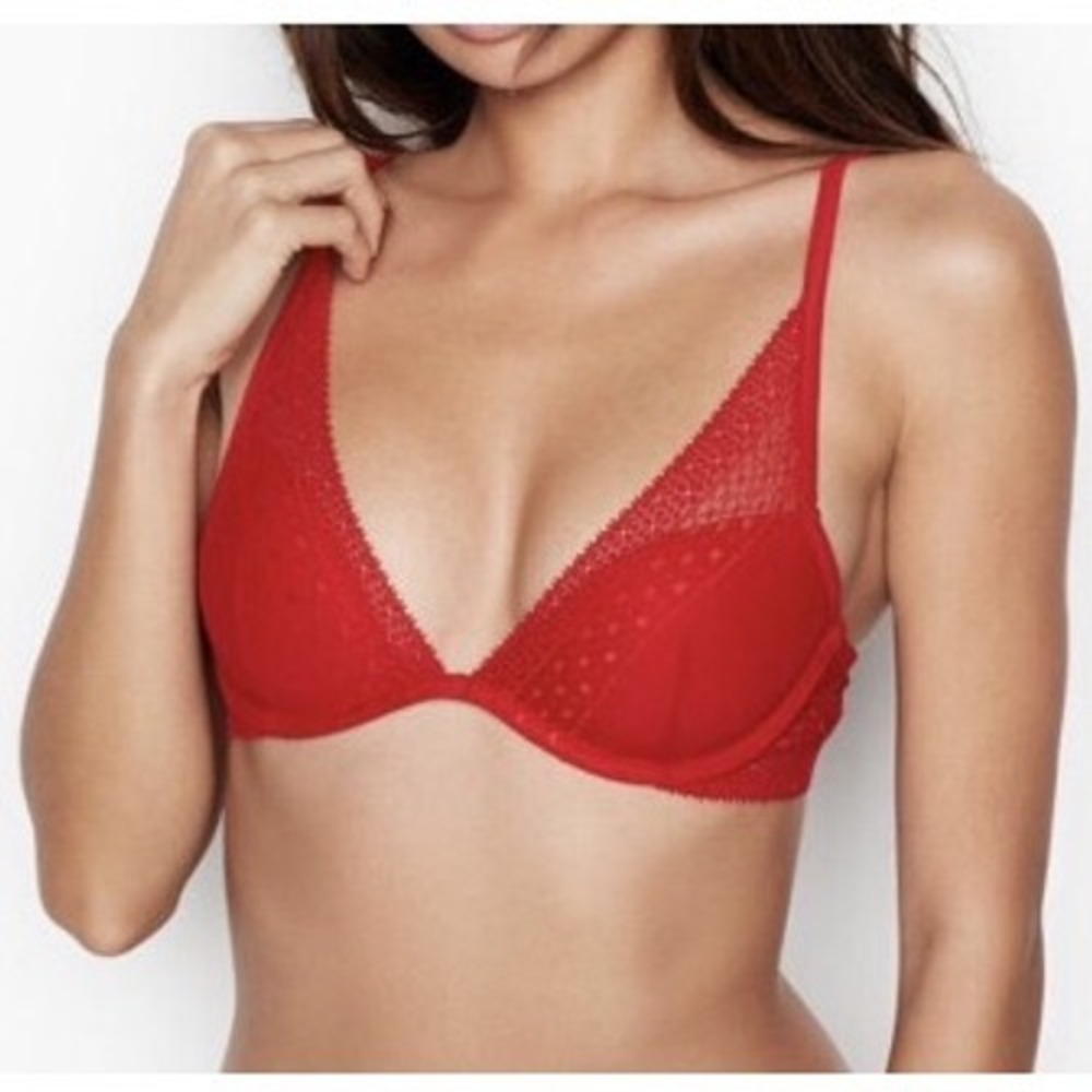 Victoria's Secret Incredible Plunge Bra Red Lace Mesh Underwire‎ 36DD E80